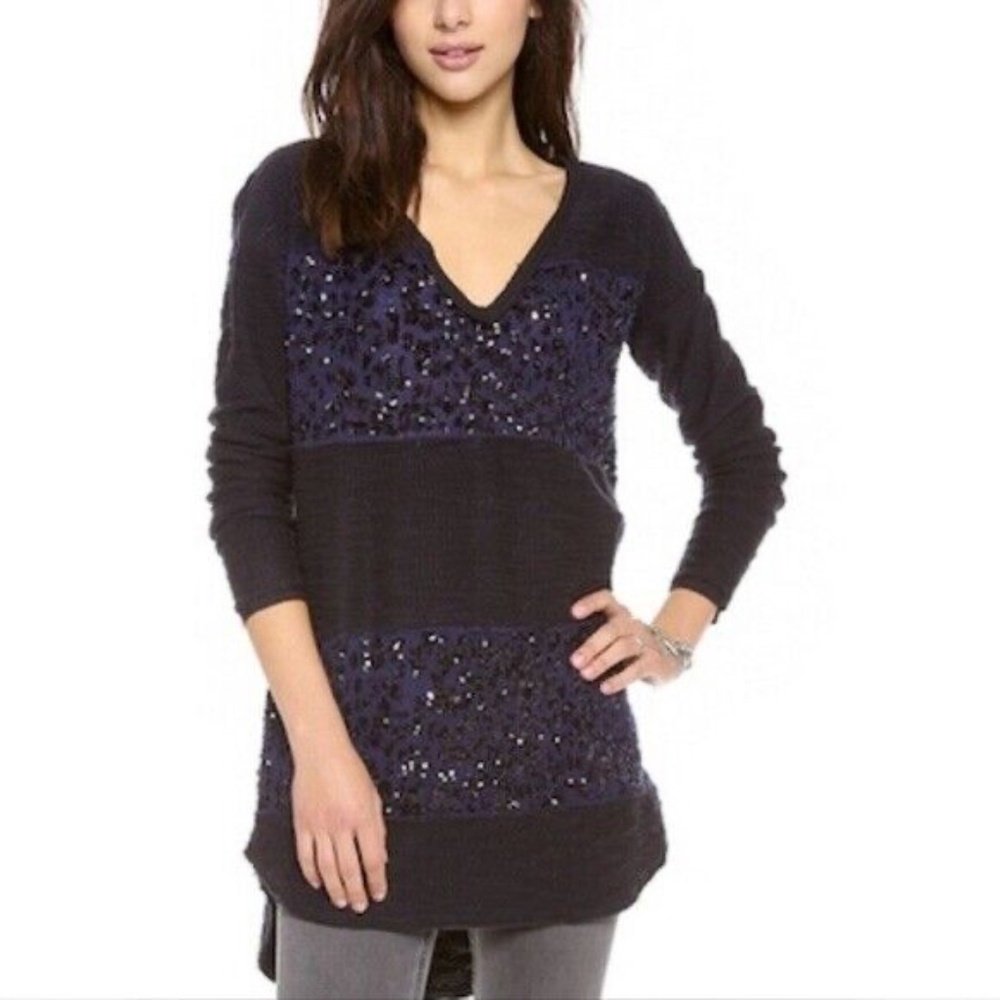 NEW Free People Sweater Oversize Sequin V Neck Tunic Blue Black